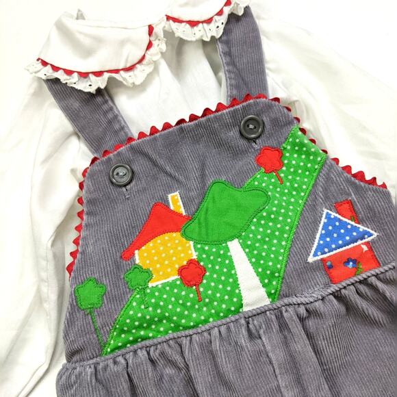 Vintage Thomas Outfit Baby Sz 12m Gray Corduroy Applique House Overalls 80s - Picture 2 of 4